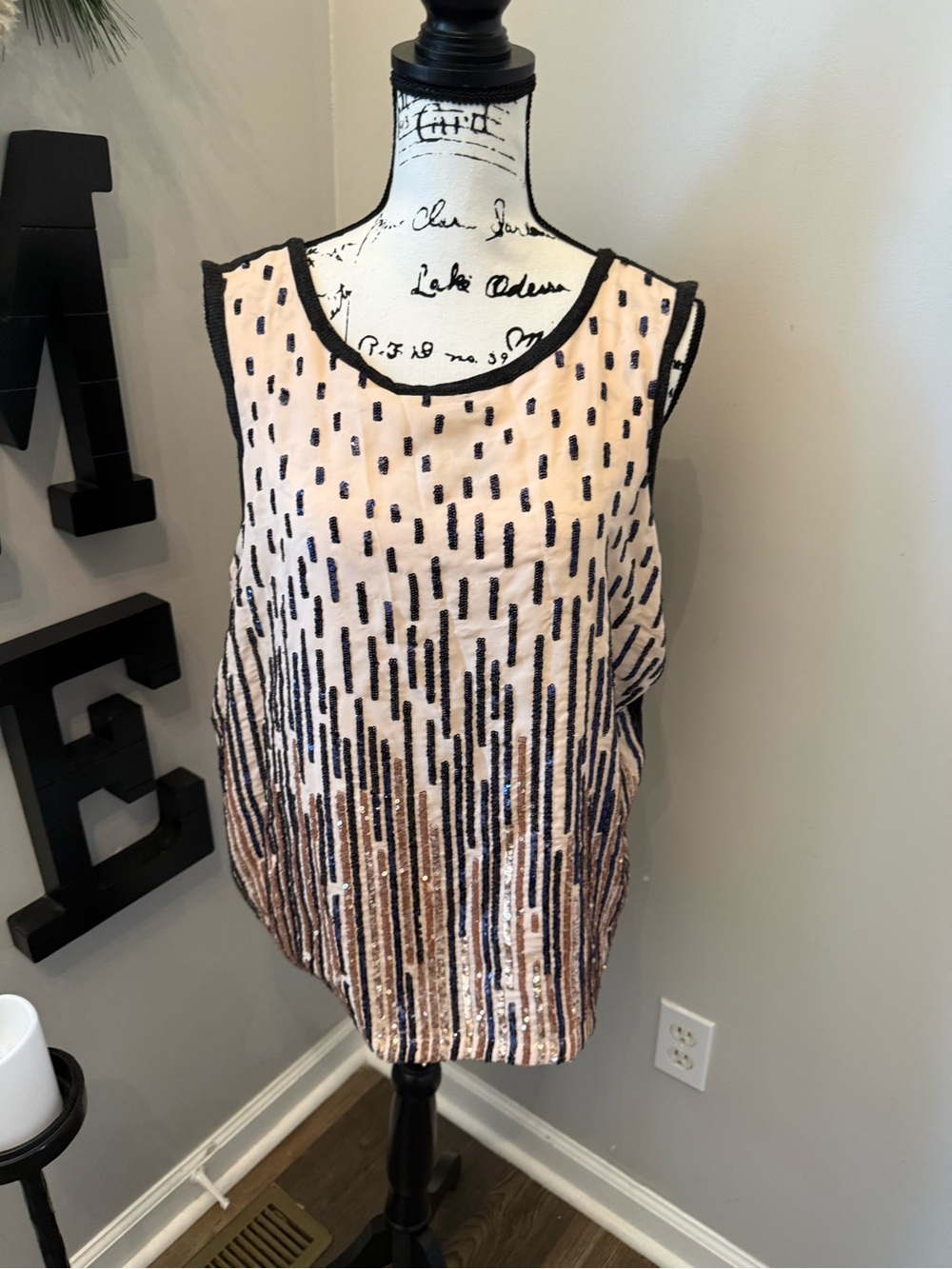 Anthropology Tiny Sequin Embellished Sleeveless Top in Blush XL